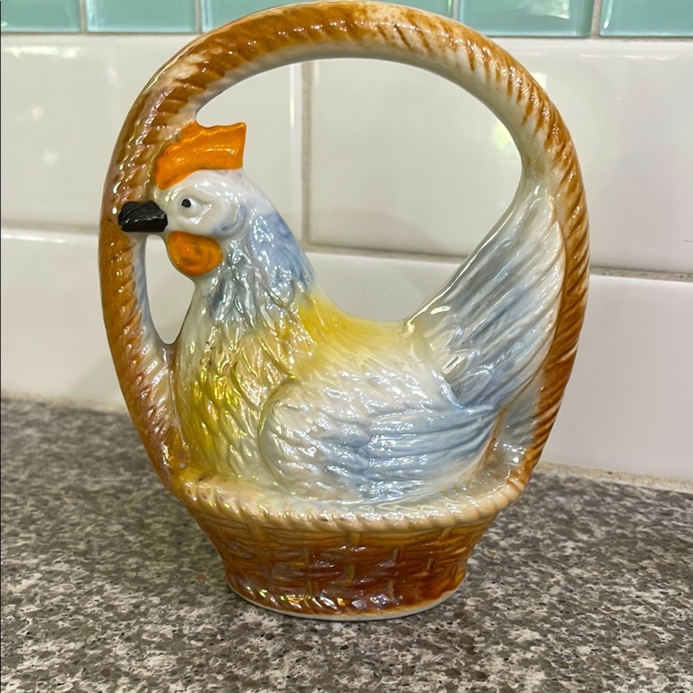 Vintage Ceramic Hen Basket Figurine